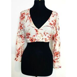 Flying Tomato Floral Red/Ivory Long Sleeve Open Back Blouse M